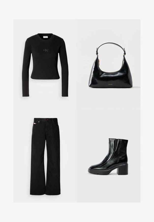 Sort langærmet top med en tætsiddende design og et lille Calvin Klein-logo på brystet, præsenteret mod en hvid baggrund.; Sorte breddebenede jeans lavet af bomuld. Har forlommer, en knaplukning og en klassisk denimtekstur. Minimalistisk design uden mønstre.; Sorte patenterede læderankelstøvler med en buet tå, elastiske sidepaneler og en kraftig blokhæl. Har et præget logo på bagsiden.; Sort blank Calvin Klein håndtaske med gyldent lynlås og kort rem mod en ensfarvet hvid baggrund.