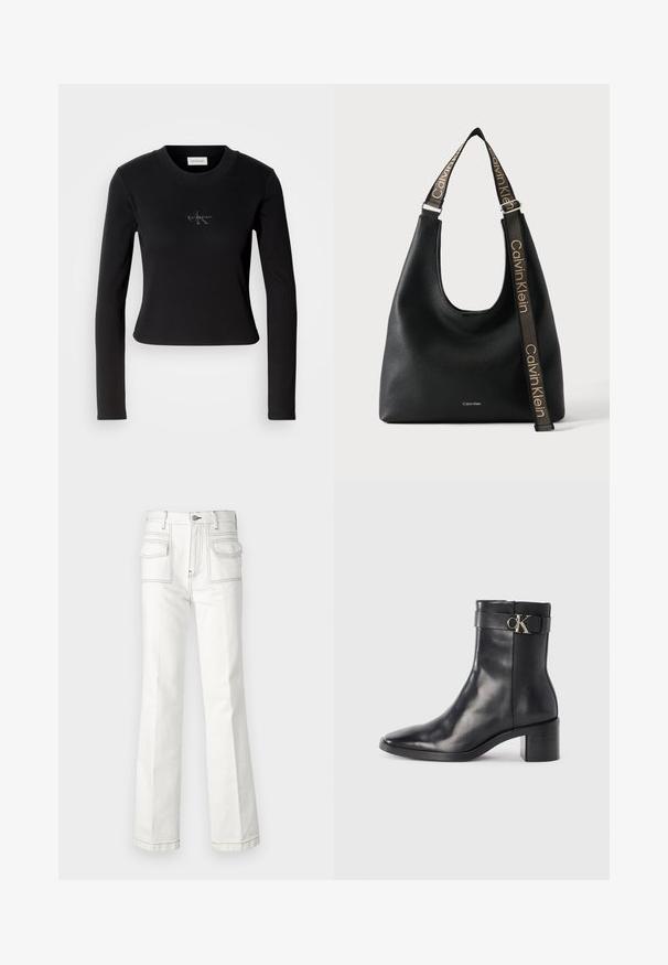 Sort langærmet top med en tætsiddende design og et lille Calvin Klein-logo på brystet, præsenteret mod en hvid baggrund.; Hvide denim flared bukser med to frontlommer, kontrastsyning og høj talje. Stoffet er robust med en glat tekstur.; Sort læder ankelstøvle med spids tå, blokhæl og en rem med en metallisk logo detalje. Glat tekstur og minimalistisk design.; Sort Calvin Klein skuldertaske i læder med bred justerbar rem med gentaget Calvin Klein-logo i beige.
