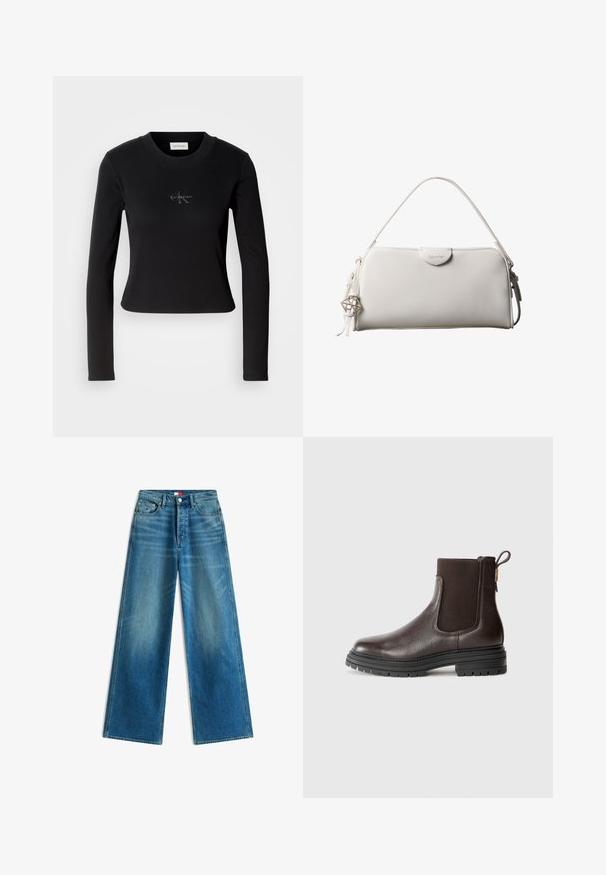Sort langærmet top med en tætsiddende design og et lille Calvin Klein-logo på brystet, præsenteret mod en hvid baggrund.; Blå jeans med vide ben, forlommer, bæltestropper, knaplukning og små detalje med mærkeflag på lommen og i taljen.; Brun læder ankelstøvle med elastiske sidepaneler, struktureret overflade og rund tå. Har en tyk gummisål og en trækketap.; Hvid rektangulær Calvin Klein håndtaske med enkelt håndtag, minimalistisk design og dekorative kvaster med geometrisk metalvedhæng på siden.