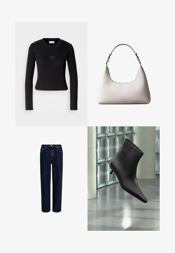 Sort langærmet top med en tætsiddende design og et lille Calvin Klein-logo på brystet, præsenteret mod en hvid baggrund.; Mørkeblå denim jeans med lige ben-design, der har høj talje, fem-lomme-stil og kontrastsyninger. Ingen dekorationer.; Sort læderankelstøvle med spids tå og lille hæl vist mod en væg af glasblokke og poleret gulv baggrund.; Cremefarvet skuldertaske i læder fra Calvin Klein med buet topkant, sølvfarvet lynlås og mørkebrun justerbar rem.