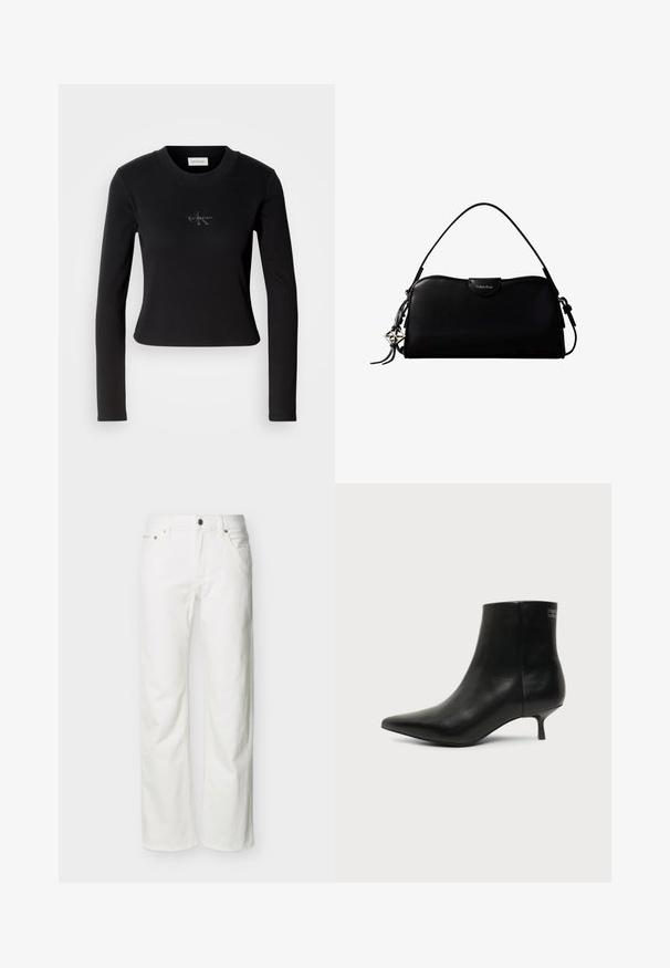 Sort langærmet top med en tætsiddende design og et lille Calvin Klein-logo på brystet, præsenteret mod en hvid baggrund.; Hvide jeans med lige ben, forlommer, bæltestropper, knaplukning og synlige sømme på en ensartet baggrund.; Sort læder ankelstøvle med spids tå og lav kitten hæl på lys baggrund, der viser yderside.; Sort rektangulær Calvin Klein håndtaske med enkelt toprem, sølvlogo vedhæng og lille klaplukning foran.