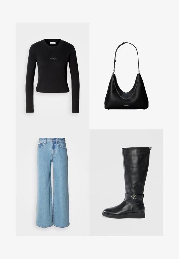 Zwarte lange mouw top met een getailleerd ontwerp en een klein Calvin Klein-logo op de borst, weergegeven tegen een witte achtergrond.; Lichtblauwe wijde jeans van denim, met een hoge taille, vijf pockets en subtiele vervaging langs de stof.; Zwarte leren kniehoog laars met lage hak, ronde neus en een metalen "CK" logo gesp rond de enkel.; Zwarte leren handtas met een zilveren kettingdetail en verstelbare schouderriem, met het Calvin Klein-logo aan de voorkant.