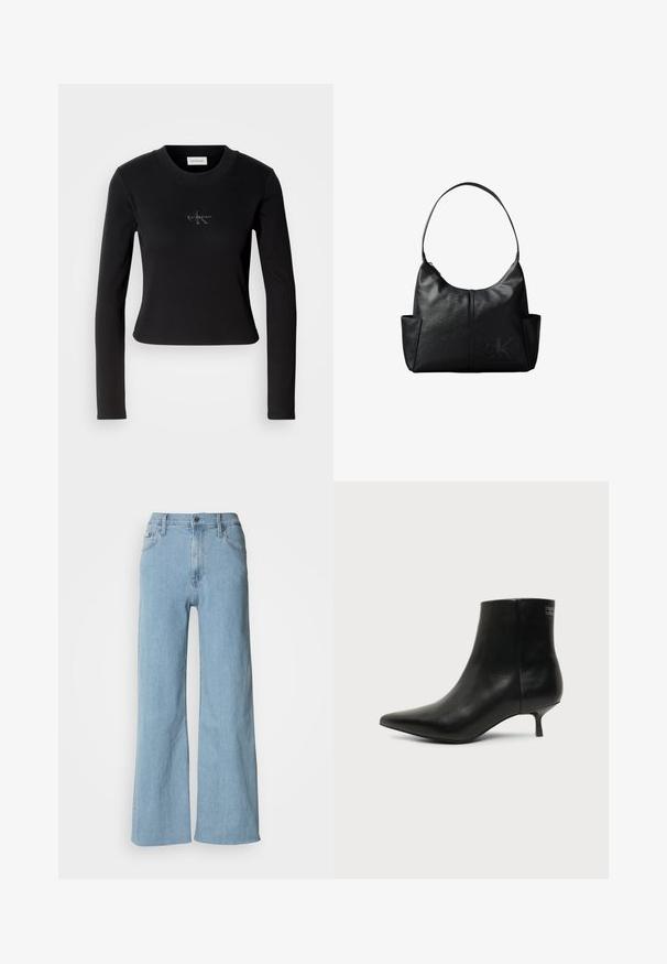 Sort langærmet top med en tætsiddende design og et lille Calvin Klein-logo på brystet, præsenteret mod en hvid baggrund.; Lyseblå vidde jeans lavet af denim, med en tætsiddende talje, fem-lomme design og subtile syningsdetaljer.; Sort læder ankelstøvle med spids tå og lav kitten hæl på lys baggrund, der viser yderside.; Sort læder skuldertaske med en enkelt rem, sidelommer og et diskret prægede Calvin Klein-logo på forsiden nederst til højre.