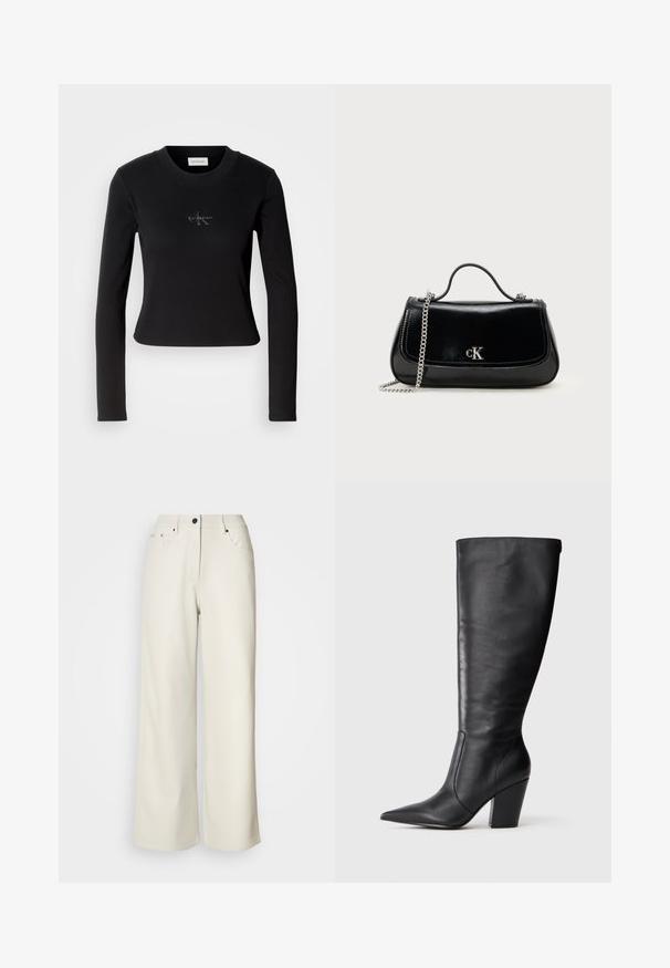 Sort langærmet top med en tætsiddende design og et lille Calvin Klein-logo på brystet, præsenteret mod en hvid baggrund.; Cremefarvede bukser med brede ben lavet af glat stof. Har en mellemhøj talje, lynlås i gulvet og to frontlommer med sorte hardware accenter.; Sort læderknehøj støvle med spids tå og kraftig høj hæl, vist i venstre sideprofil på hvid baggrund.; Sort læderhåndtaske med en kædestrop, struktureret form og et sølvlogo. Glat overflade med flaplukning.