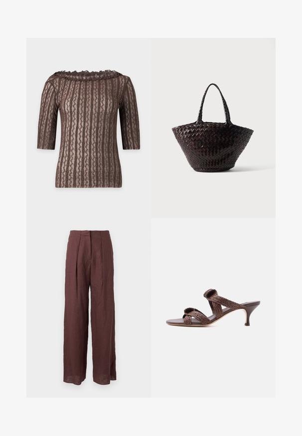 Top marron en dentelle à manches courtes avec motif à rayures ondulées verticales et col à volants sur fond clair.; Pantalon large taille haute marron foncé avec plis sur le devant et taille structurée, fabriqué en tissu léger.; Sandale mule en cuir tressé marron avec deux brides et un petit talon bas sur fond blanc uni.; Sac cabas en cuir tressé marron foncé avec deux poignées et une forme trapézoïdale large posé sur une surface blanche.