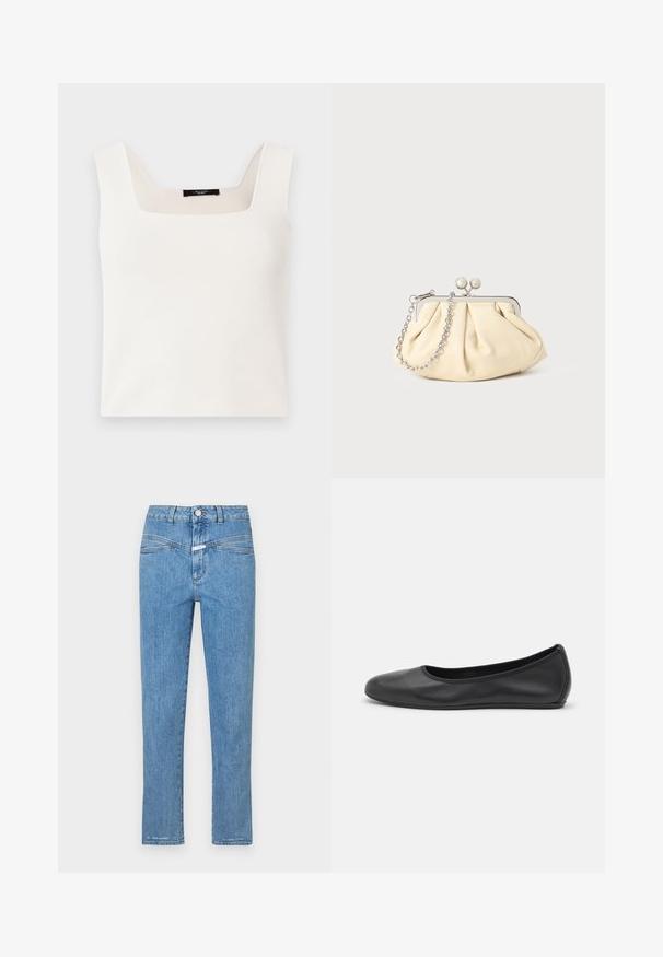 Haut sans manches blanc avec un décolleté carré, fabriqué à partir d'un tissu lisse et doux. Présente une coupe décontractée et un design minimaliste.; Jeans en denim bleu clair avec une coupe droite, cinq poches et une fermeture à bouton. Présente une texture légèrement délavée et un minimum de coutures.; Ballerines en cuir noir avec un bout rond, texture lisse, détails de couture minimalistes et design de semelle flexible.; Pochette en cuir beige plissé avec un cadre en métal argenté, dotée de deux fermoirs ronds décoratifs et d'une chaîne en argent.