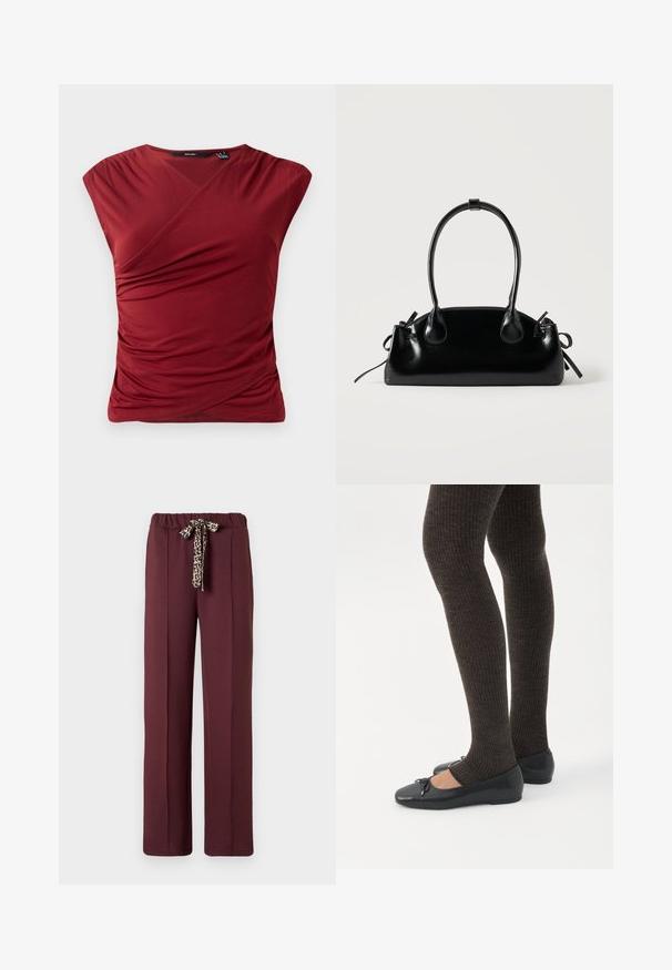Haut rouge à manches courtes avec un design croisé, présentant une texture froncée sur le côté et une finition en tissu lisse et doux.; Pantalons bordeaux à coupe décontractée, dotés d'une taille élastique et d'un cordon de serrage à imprimé léopard. Tissu lisse avec des coutures latérales.; Jambes portant des leggings côtelés foncés associés à des ballerines noires avec de petits détails en nœud sur fond blanc.; Petit sac à main noir brillant avec deux longues anses et des détails à cordon sur les côtés sur un fond clair uni.