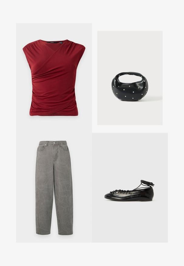 Haut rouge à manches courtes avec un design croisé, présentant une texture froncée sur le côté et une finition en tissu lisse et doux.; Pantalons en denim gris avec une coupe décontractée, taille haute, design à cinq poches et décoloration subtile. Comprend une fermeture éclair et un bouton en métal.; Ballerines en cuir verni noir avec un bout rond, un design à lacets et une semelle plate. Texture lisse avec peu de détails.; Sac à main en cuir noir de forme arrondie, décoré de clous argentés et équipé d'une poignée courte. Texture lisse et fermeture éclair.