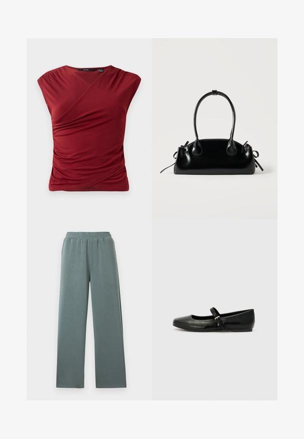 Top corto rojo de mangas cortas con diseño envolvente, que presenta una textura fruncida en el lateral y un acabado de tela suave y lisa.; Pantalones de pierna ancha en verde apagado con cinturilla elástica, confeccionados con tela suave y ligera, diseñados para uso casual.; Bailarinas de cuero negro con punta redondeada, suela plana y una delgada correa ajustable en el empeine que cuenta con una hebilla de metal.; Pequeño bolso negro brillante con dos asas largas y detalles de cordón lateral sobre un fondo claro liso.