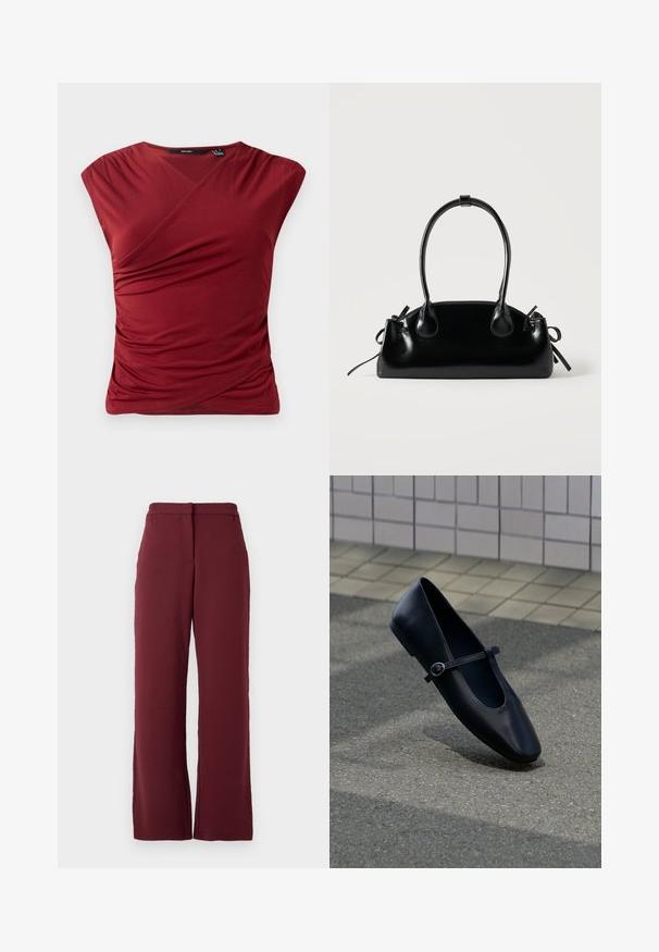 Top corto rojo de mangas cortas con diseño envolvente, que presenta una textura fruncida en el lateral y un acabado de tela suave y lisa.; Pantalones rectos de mujer en burdeos oscuro con cintura alta y bolsillos laterales, mostrados sobre un fondo blanco liso.; Zapato plano Mary Jane de cuero negro con una pequeña correa con hebilla, colocado sobre una superficie de asfalto gris cerca de una pared alicatada.; Pequeño bolso negro brillante con dos asas largas y detalles de cordón lateral sobre un fondo claro liso.
