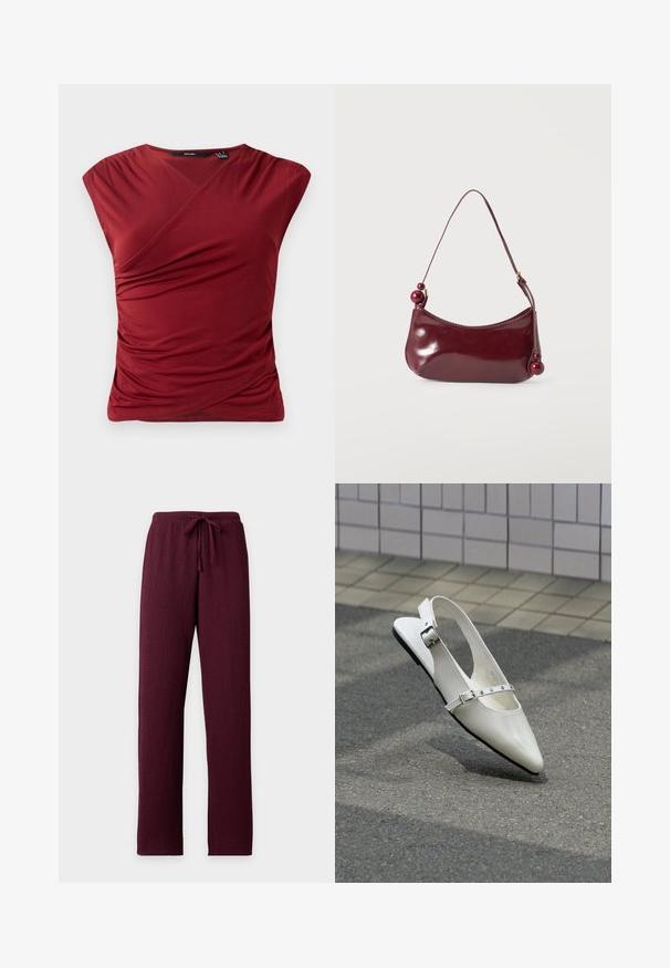 Rotes kurzärmeliges Oberteil mit Wickeldesign, das an der Seite eine geraffte Textur und eine glatte, weiche Stoffoberfläche aufweist.; Weinrote strukturierte Hose mit geradem Bein und elastischem Bund mit passendem Kordelzug.; Weißer spitzer Slingback-Slipper mit zwei silbernen Schnallen, abgebildet im Freien auf strukturiertem Boden und gefliester Wand im Hintergrund.; Kleine glänzende dunkelrote Schultertasche mit gebogenem oberen Rand und dekorativen runden Perlen an den Enden des Trägerbands.