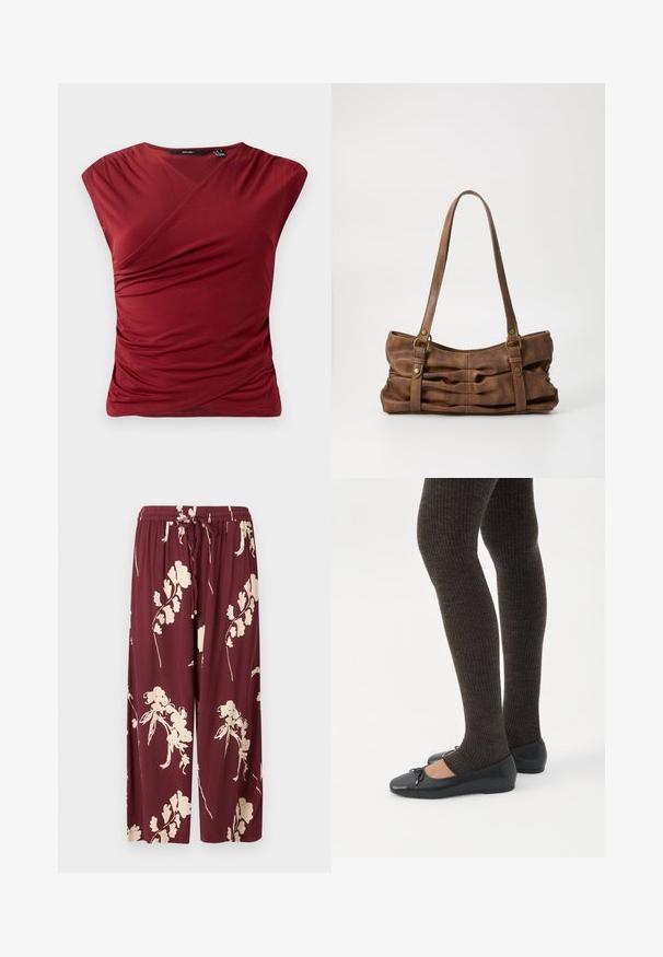Top corto rojo de mangas cortas con diseño envolvente, que presenta una textura fruncida en el lateral y un acabado de tela suave y lisa.; Pantalones de pierna ancha burdeos hechos de una tela ligera, con un patrón floral crema, cinturilla elástica con cordón y dos bolsillos laterales.; Piernas con leggings oscuros acanalados combinados con bailarinas negras que presentan pequeños detalles de lazo sobre un fondo blanco.; Even&Odd Bolso de mano - brown