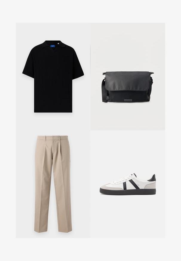 Zwarte polo met korte mouwen en een V-hals, met een geribbelde textuur en subtiele verticale strepen. Label in het nekgebied.; Beige, op maat gemaakte broek met riemlussen, voorplooien en rechte pijpen, weergegeven tegen een witte achtergrond.; Witte sneaker met zwarte en grijze accenten, voorzien van een grijze neus met textuur, zwarte rubberen zool en platte witte veters. Schoon ontwerp, minimalistische stijl.; Zwarte messengertas met klepsluiting en gestructureerd voorvak, verstelbare schouderriem en minimalistisch design op een effen achtergrond.
