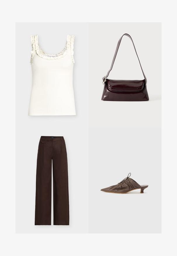 Débardeur blanc sans manches en côte, avec un volant le long de l'encolure et des bretelles, sur un fond uni.; Pantalon large marron foncé à taille haute avec une petite poche décorative à rabat sur le devant droit de la ceinture.; Mule en cuir marron avec un bout pointu, texture froncée, petit talon et un accent de cordon de serrage à l'ouverture. Fini lisse.; Sac à bandoulière en cuir bordeaux foncé avec fermeture à rabat et une fine sangle réglable, présenté sur un fond clair uni.
