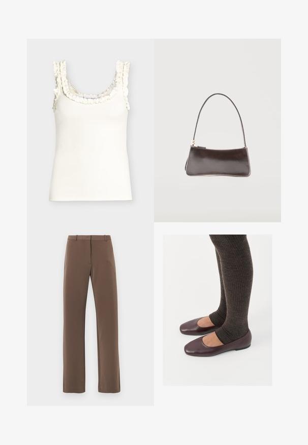 Débardeur blanc sans manches en côte, avec un volant le long de l'encolure et des bretelles, sur un fond uni.; Pantalon marron à jambes droites avec une texture lisse, doté d'une ceinture avec passants et de deux poches latérales. Design classique, sans motifs.; Ballerines en cuir verni bourgogne à bout carré, accompagnées de chaussettes en tricot côtelé marron foncé atteignant le molet.; Petit sac à main rectangulaire en cuir marron foncé avec une bandoulière unique et une fermeture éclair dorée.