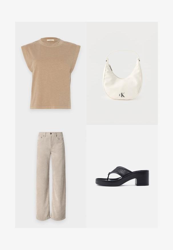 Beige top met korte mouwen in een ontspannen pasvorm, met iets verlaagde schouders en een ronde halslijn. Gemaakt van zachte stof met een gladde textuur.; Beige corduroy wijde broek met verticale strepen, voorzien van een knoopsluiting en voorkruiden. Zacht, gestructureerd materiaal met een relaxte pasvorm.; Zwarte sandaal met hak en enkelriempje, met een stevige hak en een brede gaasband over de voet, op een effen lichte achtergrond.; Kleine witte handtas in de vorm van een halve maan met een kort hengsel, ritssluiting en zwart "cK" logo aan de voorkant.