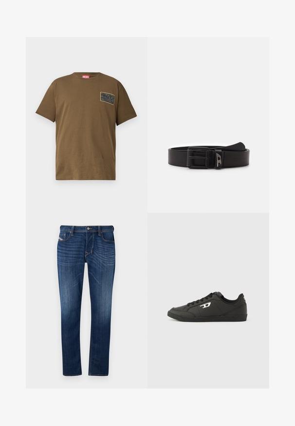 Camiseta de algodón marrón con cuello redondo, que presenta un parche gráfico negro en el lado izquierdo del pecho. Mangas cortas y dobladillo recto.; Vaqueros de mezclilla de color azul oscuro con corte recto, cuentan con un diseño de cinco bolsillos, costuras visibles y un cierre de botón de metal en la cintura.; Zapatillas deportivas negras sintéticas con suela negra texturizada, puntera redonda y cordones planos negros. Destaca un logo blanco en el lateral exterior.; Diesel DAVE - Cinturón - t8013