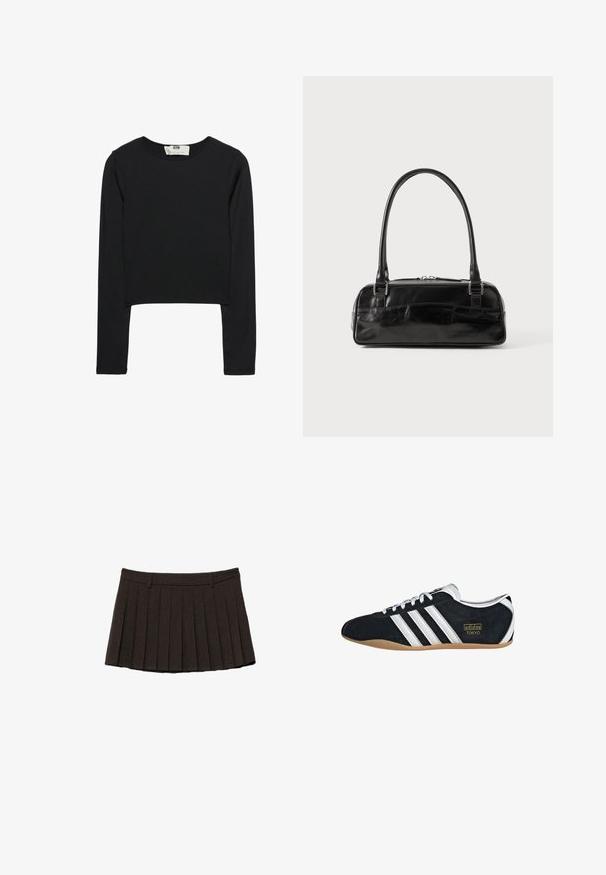 Čierny crop top s dlhým rukávom vyrobený z ľahkej látky, s okrúhlym výstrihom a priliehavým strihom, s čistými švami a bez ozdôb.; Čierna plisovaná minisukňa s pútkami na opasok a štruktúrovaným pásom na bielom pozadí.; Čierne semišové tenisky s bielymi tromi pruhmi, zlatým logom a hnedou gumovou podrážkou. Disponujú nízkym šnurovacím dizajnom.; Čierna kožená kabelka obdĺžnikového tvaru, vybavená jednou pevnou rukoväťou, strieborným kováním a zipsom. Hladký povrch.