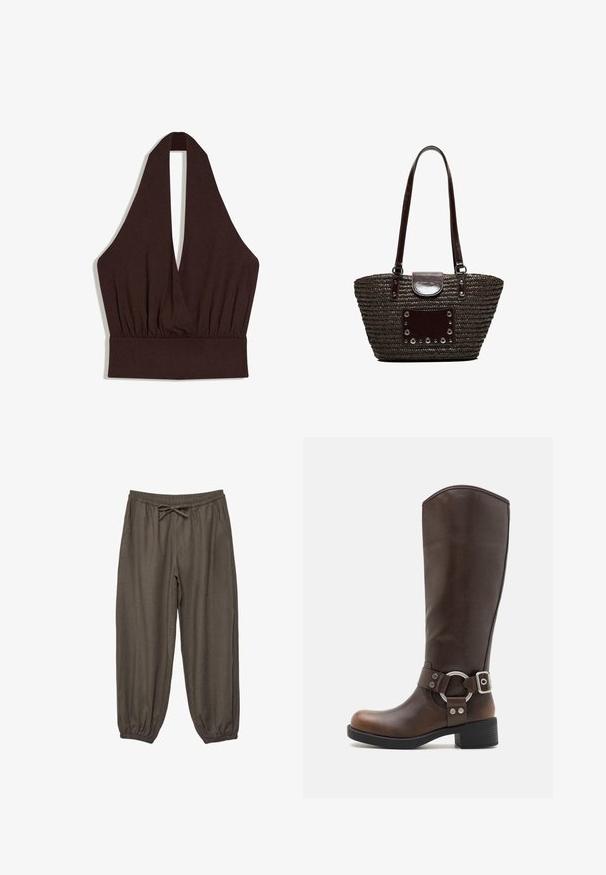 Haut court marron foncé sans manches à col licou avec un profond décolleté en V et un tissu froncé sous la poitrine.; Pantalon décontracté marron foncé avec taille et poignets élastiques, cordon à l'avant et poches latérales.; Botte en cuir marron hauteur genou avec un accent en métal rond et une boucle. Tige légèrement texturée, talon empilé et design à bout rond.; Sac à main tressé marron foncé avec de longues lanières en cuir, une fermeture à rabat en cuir et un patch décoratif en cuir avec des œillets métalliques à l'avant.