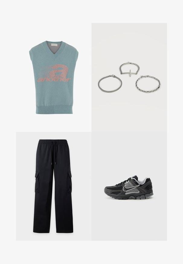 Chaleco de punto sin mangas en azul claro con escote en V, que presenta un diseño gráfico en rosa con la palabra "another" y un motivo de velocidad. Ribete acanalado.; Pantalones cargo negros de pierna ancha con cintura elástica y cordón, con bolsillos con solapa en ambos muslos.; Zapatilla deportiva negra con paneles de malla y detalles sintéticos. Presenta una punta redondeada, suela gruesa acolchada y detalles de logo en blanco que contrastan.; Tres pulseras de cadena de plata, una de ellas con un centro adornado con una cruz horizontal, dispuestas sobre un fondo blanco.