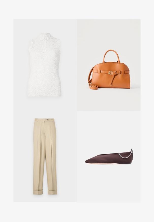 Mouwloze witte kanten top met hoge kraag, bloemenpatroon en knoopsluiting aan de voorkant tegen een effen achtergrond.; Beige hoge taille broek met plooien, lussen voor een riem, knoop- en ritssluiting, en omgeslagen zomen op een effen achtergrond.; Donkerbruine platte schoen met puntige neus, lage hak en een zilveren rijglin met strassteentjes aan de achterkant.; Handtas van tan leer met afgeronde bovenhandgrepen, een voorste riem met gouden gespsluiting en een verstelbare schouderriem op een witte achtergrond.