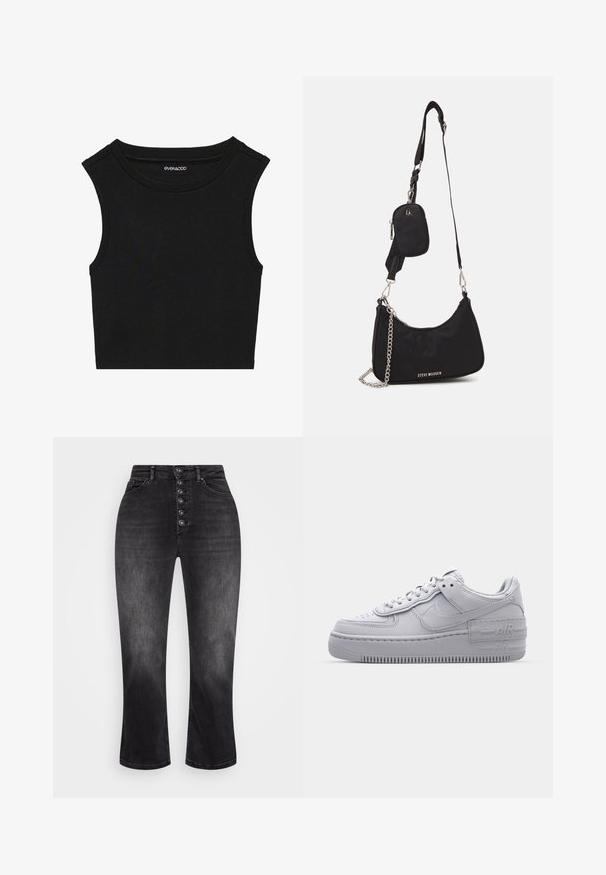 Μαύρο αμάνικο crop top με ραβδωτή υφή. Διαθέτει στρογγυλή λαιμόκοψη και φαρδιές ραφές στους ώμους. Κατασκευασμένο από ελαστικό ύφασμα.; ONLY ONLEVELINA HIGH WAIST ANKLE - Jeans Skinny Fit - washed black; Γκρι Nike Air Force 1 αθλητικό παπούτσι με πορώδη μύτη, λεία δερμάτινη επάνω επιφάνεια, χοντρή σόλα και ανάγλυφη λεπτομέρεια 'AIR' στην φτέρνα.; Μαύρη νάιλον τσάντα ώμου με καμπύλο σχήμα, ασημένια αλυσίδα, αποσπώμενη μίνι θήκη και ρυθμιζόμενο λουράκι; φέρει το λογότυπο "Steve Madden".