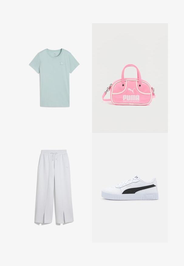 Camiseta de manga corta azul claro en algodón suave, con un parche cuadrado con el logo en el pecho izquierdo y un cuello redondo clásico.; Pantalones de chándal gris claro con cintura elástica, cordón y aberturas laterales. Presenta un sutil logo en la parte inferior de la pierna para la marca.; Zapatilla blanca con acentos negros, parte superior de cuero texturizado, diseño con cordones, suela de goma robusta y distintivo logo de Puma en el costado.; Bolso rosa brillante con dos asas, detalles en blanco y un logo prominente de PUMA. Cuenta con una correa para el hombro desmontable y cierre con cremallera.