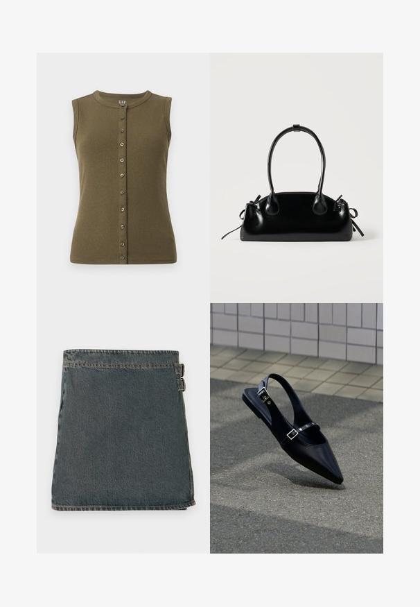 Top sans manches vert olive avec une texture côtelée, décolleté rond et une fermeture à boutons à l'avant dotée de sept boutons gris.; Jupe en denim bleu foncé avec une surface texturée, dotée de deux boucles latérales et d'un ourlet droit. Coutures visibles le long des bords.; Mocassin noir à bout pointu et bride arrière, avec double boucle, posé sur un asphalt gris près d'un mur carrelé en arrière-plan.; Petit sac à main noir brillant avec deux longues anses et des détails à cordon sur les côtés sur un fond clair uni.