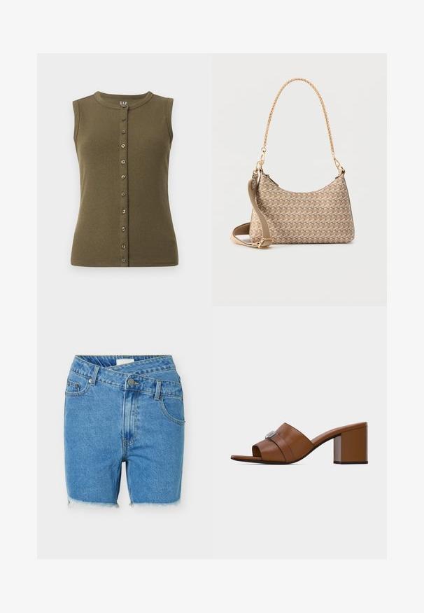 Top sans manches vert olive avec une texture côtelée, décolleté rond et une fermeture à boutons à l'avant dotée de sept boutons gris.; Short en denim bleu clair avec ourlet brut, poches avant, passants pour ceinture et taille croisée avec fermeture par bouton.; Mule en cuir marron à bout ouvert avec une boucle carrée argentée et un talon bloc moyen et épais sur un fond blanc uni.; Sac à bandoulière beige avec motif géométrique, anse chaîne dorée et bandoulière en tissu beige détachable, présenté sur fond blanc.