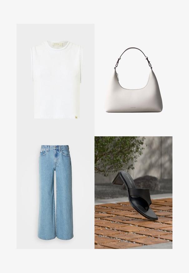 Haut en tricot sans manches blanc avec un col rond, ourlet côtelé et détails de couture sur les côtés ; présente une petite étiquette de marque en bas.; Jean large bleu clair en denim, avec une taille haute, un design à cinq poches et un léger dégradé sur le tissu.; Sandale à talon noire Calvin Klein avec boucle pour l’orteil, posée sur un sol en carreaux de bois en extérieur, près d’un arbre et d’un mur en pierre.; Sac à bandoulière en cuir couleur crème de Calvin Klein avec bord supérieur incurvé, fermeture éclair argentée et sangle ajustable brun foncé.