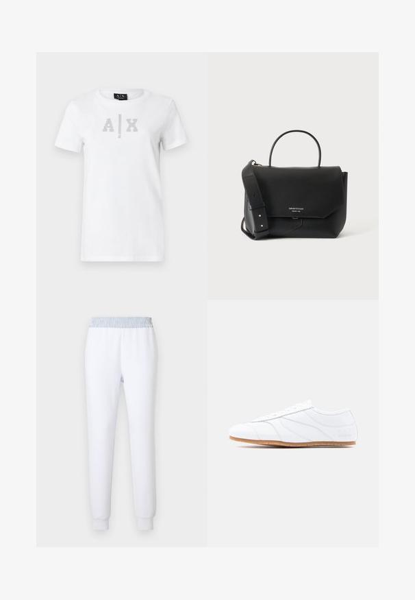 T-shirt blanc à manches courtes avec col rond, avec le logo "A | X" en clous argentés et le texte "Armani Exchange" en dessous sur le devant.; Pantalon de survêtement blanc avec une ceinture élastique rayée bleue. Coupe fuselée, texture douce et poignets côtelés pour un ajustement confortable.; Baskets basses blanches à lacets, tige en cuir lisse, panneaux subtilement cousus et semelle en caoutchouc marron clair.; Sac à main en cuir noir avec fermeture par rabat, poignée unique sur le dessus, large bandoulière réglable et petit logo argenté sur le devant.