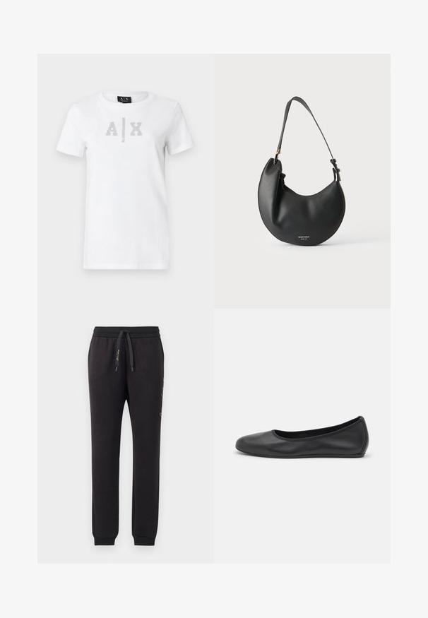 T-shirt blanc à manches courtes avec col rond, avec le logo "A | X" en clous argentés et le texte "Armani Exchange" en dessous sur le devant.; Jogging en noir en coton doux avec une taille élastique et un cordon de serrage. Comprend des poignets côtelés et un texte brodé sur le côté.; Ballerines en cuir noir avec un bout rond, texture lisse, détails de couture minimalistes et design de semelle flexible.; Sac à bandoulière noir en cuir en forme de croissant avec une sangle réglable et un petit texte de logo blanc à l’avant sur fond clair.