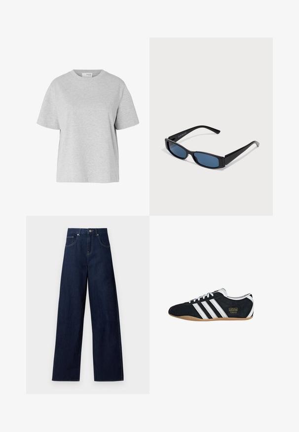 Lysegrå T-shirt med korte ærmer og rund hals, løs pasform og uden synlige mønstre eller logoer.; Mørkeblå vidde jeans med knaplukning foran og lommer, vist fladt mod en hvid baggrund.; Sort ruskinds sneaker med hvide tre striber, guldlogo og en brun gummisål. Har et lavprofil snørebåndsdesign.; Sorte solbriller med en slank rektangulær ramme og blå linser. Har en glat overflade og robuste stænger. Mærkets logo på siden.