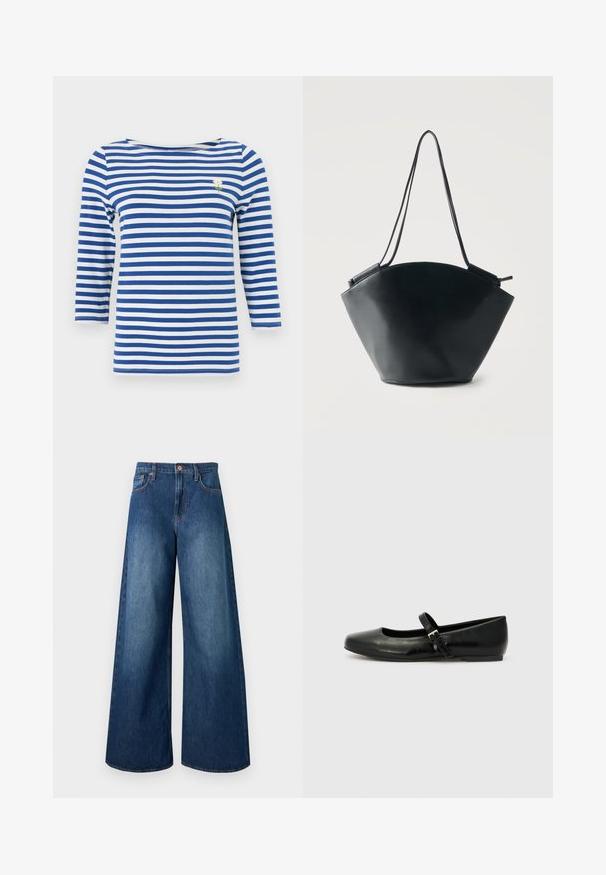 Chemise à manches longues rayée horizontale bleu et blanc avec une petite marguerite blanche brodée sur le côté gauche de la poitrine.; Jean en denim bleu foncé taille haute, jambes larges, cinq poches, passants pour ceinture et fermeture par bouton en cuivre.; Ballerines en cuir noir avec un bout arrondi, une semelle plate et une fine sangle ajustable sur le cou-de-pied avec une boucle en métal.; Sac seau en cuir noir avec une large base arrondie et des doubles bretelles étroites, sur un fond clair uni.