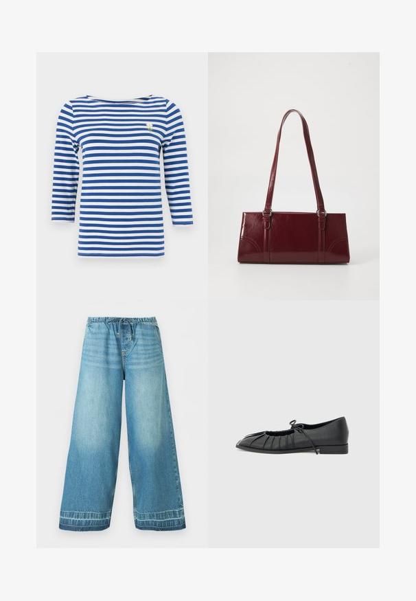 Chemise à manches longues rayée horizontale bleu et blanc avec une petite marguerite blanche brodée sur le côté gauche de la poitrine.; Pantalon en jean bleu clair à jambes larges avec une ceinture élastique et un cordon de serrage, poches avant et détails délavés subtils.; Chaussure plate noire avec design plissé à l'avant et un nœud noué sur le dessus, petit talon, et texture lisse sur un fond gris clair.; Sac à main bordeaux en matériau brillant, de forme rectangulaire, avec deux anses et des accents légèrement courbés à l'avant.