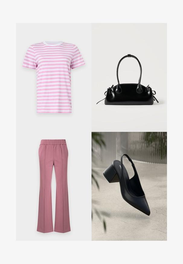 Camiseta de algodón con rayas rosas y blancas, cuello redondo y mangas cortas. Textura suave, ajuste regular y patrón de rayas uniforme.; Pantalones acampanados en color rosa empolvado, confeccionados en tela suave. Presentan una cintura elástica y pliegues sutiles en la parte frontal.; Zapato de tacón slingback de cuero negro con punta afilada y tacón cuadrado. Textura suave, diseño minimalista y correa ajustable en el tobillo.; Pequeño bolso negro brillante con dos asas largas y detalles de cordón lateral sobre un fondo claro liso.