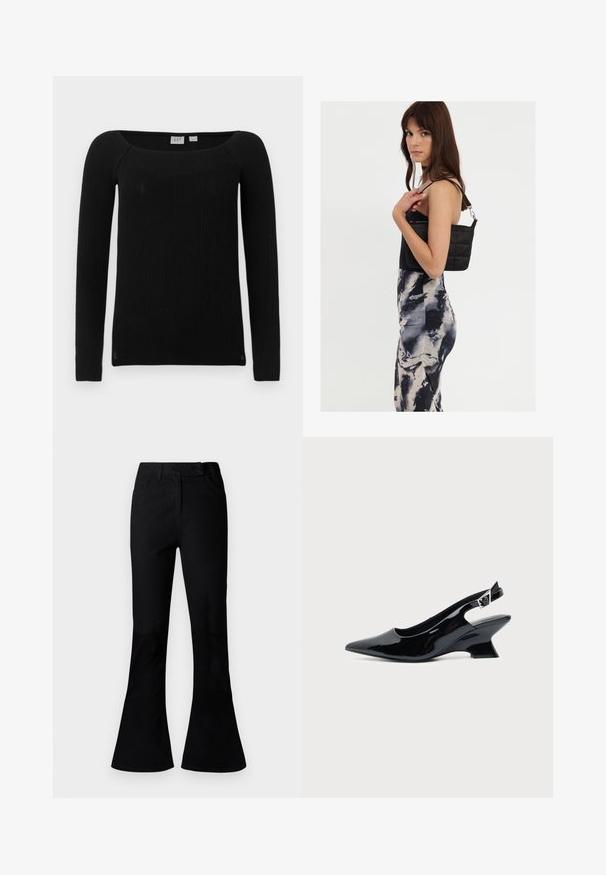 Haut noir côtelé à manches longues avec un col carré. Fabriqué à partir d'un tissu texturé et extensible. Offre une coupe ajustée et des manches légèrement fuselées.; Pantalons évasés noirs taille haute avec poches avant, passants de ceinture et fermeture éclair à l'avant, présentés sur un fond uni.; Chaussure slingback en cuir verni noir avec bout pointu et petit talon bloc incliné sur fond clair uni.; Sac à épaule noir en matelassé avec une seule sangle et des accessoires en argent, associé à une robe ajustée à motif tie-dye dans des teintes de noir et de crème.