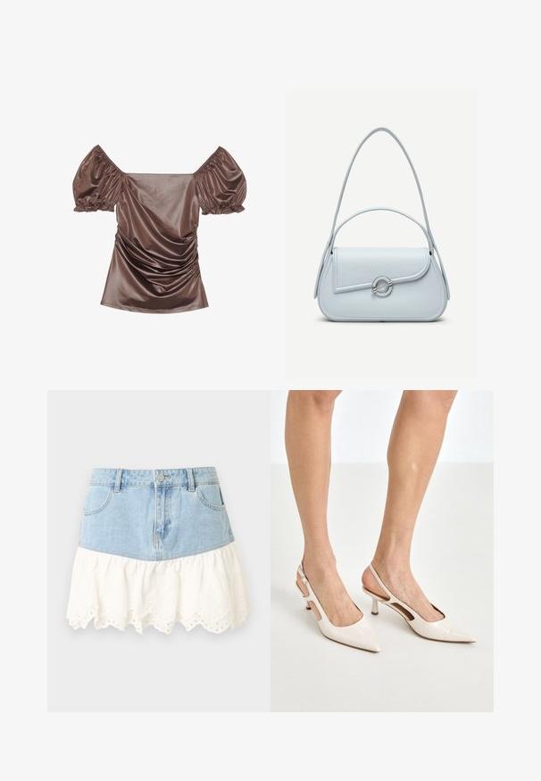 Top en satin marron à épaules dénudées avec des manches bouffantes, des détails froncés à l'avant et une texture lisse. Poignets élastiques aux extrémités des manches.; Mini-jupe en denim avec poches avant et bouton, dotée d'un ourlet volanté en dentelle ajourée blanche pour un effet superposé.; Escarpins à talon slingback en cuir verni beige avec un bout pointu et un talon de 5 cm, présentant des côtés découpés et une fine bride à la cheville.; Sac à main en cuir bleu clair avec rabat arrondi, fermoir circulaire argenté et deux bretelles d'épaule sur un fond uni.