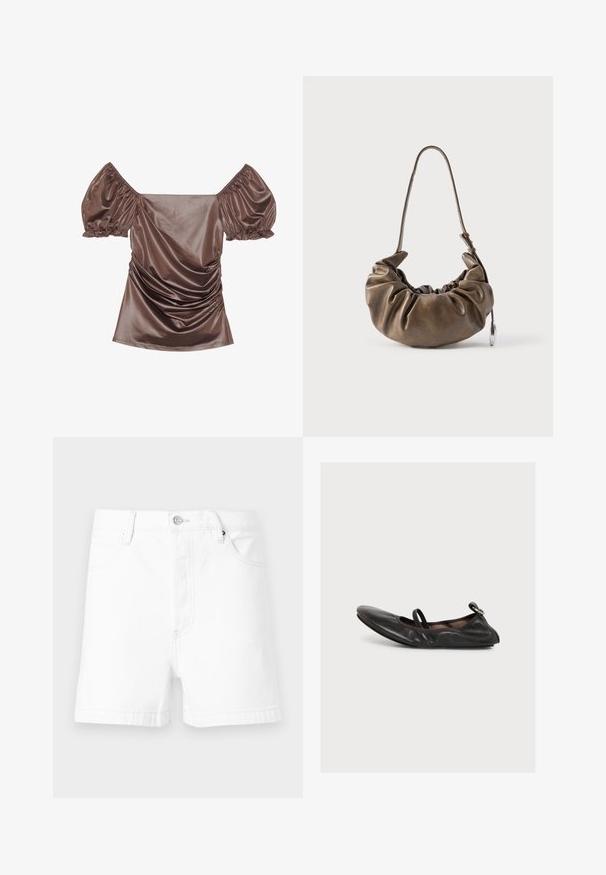 Bruine satijnen off-shoulder top met pofmouwen, gerimpelde details aan de voorkant en een soepele textuur. Elastische manchetten aan de mouwranden.; Witte denim shorts met voorzakken, ceintuurlussen en een metalen knoopsluiting op een effen achtergrond.; Zwarte leren platte schoen met ronde neus, elastische band over de bovenkant en klein gespdetaillle op de hiel, zijaanzicht op witte achtergrond.; Bruine leren tas met een geplooid ontwerp, zachte textuur, enkele verstelbare riem en een zilveren accent. Compacte, afgeronde vorm.