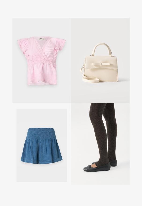 Top rosa de manga corta con diseño envolvente, pliegues texturizados y encaje en el escote y las mangas. Cintura elástica para un mejor ajuste.; Falda azul hasta la rodilla con cintura fruncida y tela recogida para una silueta acampanada, mostrada sobre un fondo blanco liso.; Piernas con leggings oscuros acanalados combinados con bailarinas negras que presentan pequeños detalles de lazo sobre un fondo blanco.; Pequeño bolso beige con asa superior, correa desmontable, solapa frontal y lazo decorativo horizontal sobre un fondo liso.