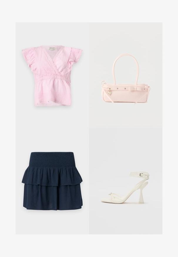 Rosa Kurzarmoberteil mit Wickeldesign, strukturierten Falten und Spitze entlang des Ausschnitts und der Ärmel. Elastischer Bund für eine gute Passform.; Marineblauer Minirock mit breitem gerafftem Bund und geschichteten Volant-Details oben.; Sandaletten aus weißem Leder mit hohen Absätzen, schlankem Design, transparentem Blockabsatz und einem dekorativen Element an der Zehe.; Blassrosa rechteckige Handtasche mit doppelten Griffen, dekorativer Schleife, Metallösen und kleinem herzförmigem Anhänger vor einfarbigem Hintergrund.