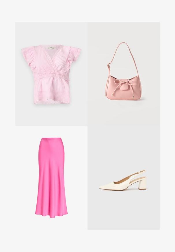 Top rosa de manga corta con diseño envolvente, pliegues texturizados y encaje en el escote y las mangas. Cintura elástica para un mejor ajuste.; Falda midi de satén rosa brillante con cintura ajustada y ligero vuelo hacia el dobladillo, tela lisa y brillante, sin estampados ni adornos.; Zapato de salón con tira trasera en charol crema brillante, con punta afilada y tacón cuadrado grueso para mayor estabilidad. Diseño minimalista, sin adornos.; Bolso pequeño de hombro color rosa pastel con correa ajustable y detalle de lazo en el frente con extremos dorados sobre un fondo liso.