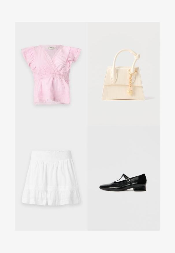 Top rosa de manga corta con diseño envolvente, pliegues texturizados y encaje en el escote y las mangas. Cintura elástica para un mejor ajuste.; Minifalda blanca con volantes, cintura elástica fruncida y discretos detalles de costuras horizontales en tela ligera.; Zapatos Mary Jane de cuero negro con punta puntiaguda, tacón pequeño de bloque y correa ajustable con hebilla plateada. Textura lisa y brillante.; Bolso pequeño color crema con asa superior, detalle de nudo y colgante de cadena dorada sobre un fondo claro liso.