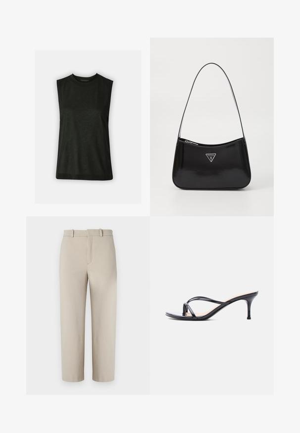 Sort, ærmeløs top lavet af blødt stof med en rund halsudskæring og en afslappet pasform. Simpelt design uden synlige mønstre eller hardware.; Beige cropped bukser, skræddersyet design, flad foran med skjult lynlås, to sidelommer, lavet af glat bomuldsblandet stof.; Sort laklædersandal med hæl, tynde krydsede remme og en slank mellemhøj stilethæl på en hvid baggrund.; Sort patenteret læder skuldertaske med en buet form, prydet med et sølvfarvet trekantet logo og en lynlås-lukning. Glat tekstur og slank rem.