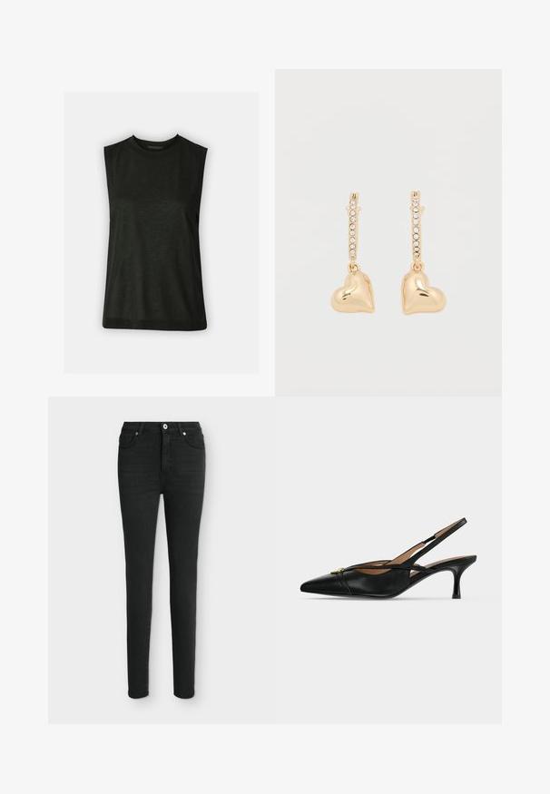 Sort, ærmeløs top lavet af blødt stof med en rund halsudskæring og en afslappet pasform. Simpelt design uden synlige mønstre eller hardware.; Sorte high-waist skinny jeans med frontknap og lynlås, fem-lomme-design, vist mod en lys baggrund.; Sort læder spids slingback sko med lav killingehæl og guldbeslag foran.; Guldøreringe med hjerteformede vedhæng, pyntet med en række små rhinsten på øreringens bøjle. Reflekterende, glat overflade.