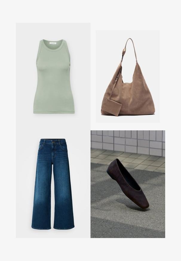 Débardeur ajusté vert clair sans manches avec encolure ronde et étiquette de marque visible à l'intérieur du col au dos.; Jean large en denim bleu foncé. Doté d'une taille haute, d'une fermeture à bouton et d'un design classique à cinq poches avec une légère décoloration.; Chaussure plate marron foncé unique flottant au-dessus d'un sol texturé avec un mur carrelé en arrière-plan.; Zign by Zalando LEATHER - Cabas - light brown