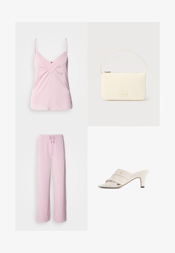 Haut sans manches rose clair avec un col en V et un détail froncé à l'avant. Fabriqué en tissu lisse avec des bretelles fines et un ourlet arrondi.; Pantalons de survêtement rose clair avec une taille à cordon de serrage, jambes larges et ourlet replié. Présente un petit logo brodé sur le côté. Texture de tissu douce.; Mules à talons hauts beiges avec un design de bride en cuir torsadé, bout ouvert et motif de logo en relief. Le talon présente un détail d'embout noir.; Sac à main rectangulaire de couleur crème avec une seule sangle et une fermeture éclair sur le dessus, comportant une petite plaque de logo embossé à l'avant.