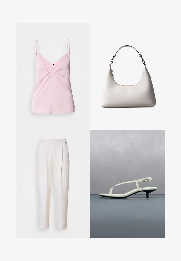 Haut sans manches rose clair avec un col en V et un détail froncé à l'avant. Fabriqué en tissu lisse avec des bretelles fines et un ourlet arrondi.; Pantalons cintrés de couleur crème avec une texture lisse, dotés de plis avant et d'un design épuré. Pas de poches ni de matériel visible.; Sandale blanche à talon kitten avec des lanières et un bout pointu, flottant au-dessus d'un sol en carrelage en bois en plein air avec un arrière-plan flou de plante et de mur.; Sac à bandoulière en cuir couleur crème de Calvin Klein avec bord supérieur incurvé, fermeture éclair argentée et sangle ajustable brun foncé.