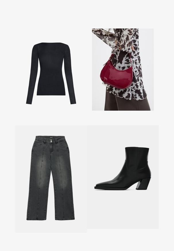 Haut noir à manches longues fabriqué dans un matériau léger et doux, avec une coupe ajustée et un col rond, ne présentant aucun motif ou élément matériel supplémentaire.; Jeans à jambes larges en denim gris foncé. Comprend une fermeture à bouton, deux poches avant et des coutures verticales pour le détail. Zones abîmées présentes.; Bottine en cuir noir avec un bout pointu, une silhouette élégante et un talon carré massif. Texture lisse avec des détails de couture minimalistes.; Femme portant un chemisier à motif noir et blanc tenant un sac à main rouge brillant sur un fond uni.