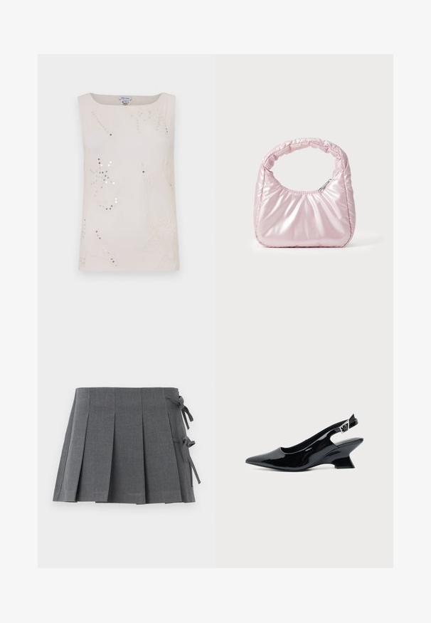 Top sans manches de couleur crème avec broderies florales et accents métalliques. Encolure carrée, texture lisse et ornements détaillés sur l'ensemble.; Jupe mini plissée grise en tissu texturé, avec une fermeture à nouer sur un côté et une ceinture lisse pour plus de confort.; Chaussure slingback en cuir verni noir avec bout pointu et petit talon bloc incliné sur fond clair uni.; Sac à main rose rembourré avec un design arrondi, fabriqué à partir d'un matériau brillant. Dispose d'une poignée froncée et d'une fermeture éclair pour un accès sécurisé.